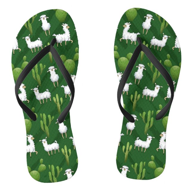 White Llamas in a Field of Cactus Flip Flops (Footbed)
