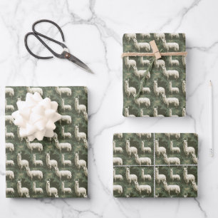 White Llamas on Green Wrapping Paper Sheets
