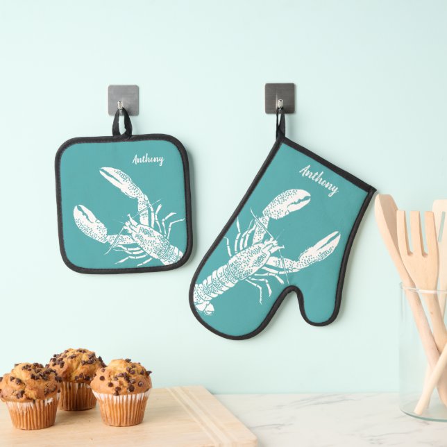 White Lobster on Teal Personalized Oven Mitt & Pot Holder Set (Insitu(Hanging))