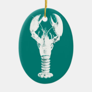 White Lobster on Turquoise / Teal Ceramic Ornament