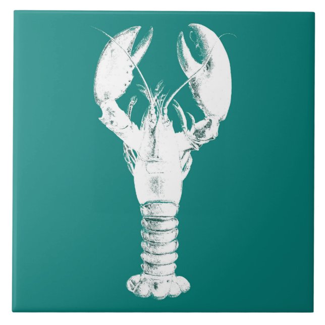 White Lobster on Turquoise / Teal Ceramic Tile (Front)