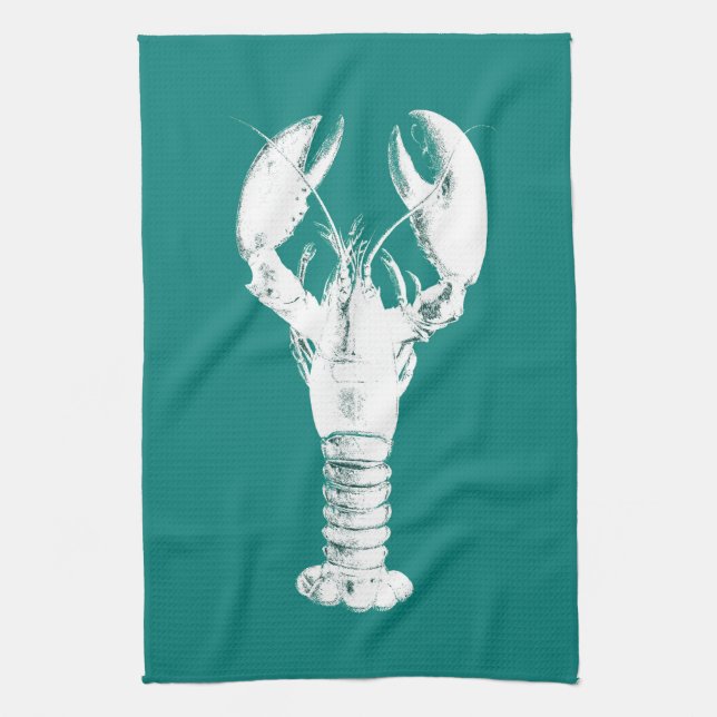 White Lobster on Turquoise / Teal Kitchen Towel (Vertical)