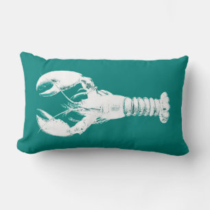 White Lobster on Turquoise / Teal Lumbar Pillow
