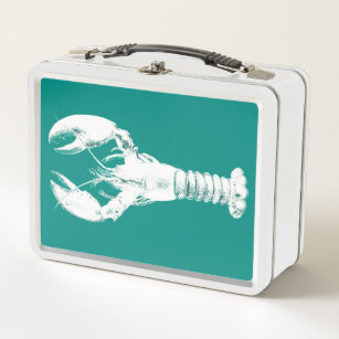 White Lobster on Turquoise / Teal Metal Lunch Box
