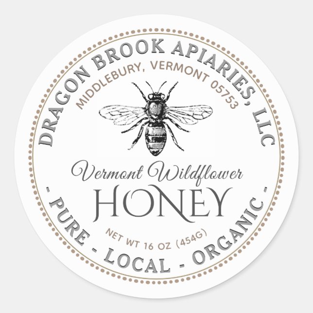 White Local Organic Honey Label with honeybee (Front)
