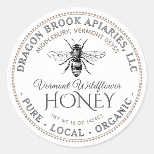 White Local Organic Honey Label with honeybee