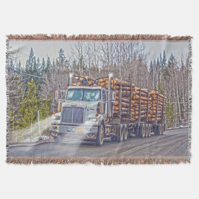 White Logging Truck- Lorry and Highway Art Throw Blanket (Front)