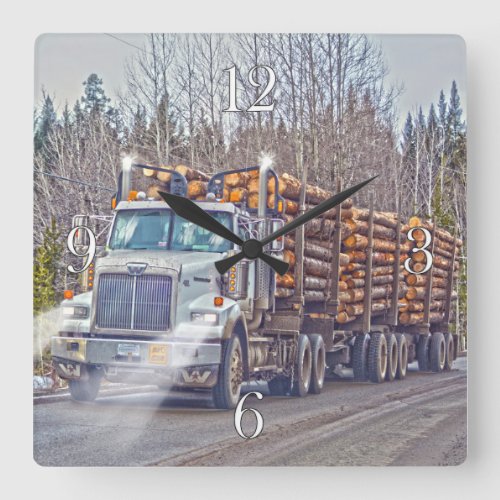 White Logging Truck Lumber Mill Delivery Art Square Wall Clock