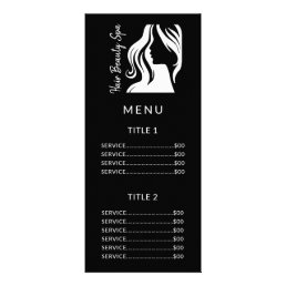 White logo black salon service menu rack card