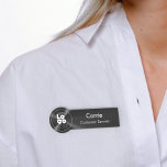 White Logo Brushed Radial Metallic Black Name Tag<br><div class="desc">Easily personalize this custom name tag with your own company logo, employee name, job title, or other custom text. It's plastic and available with a safety pin back or a magnetic back fastener (do not use magnet with pacemakers)., and features a conical radial brushed black simulated metallic gradient print. No...</div>