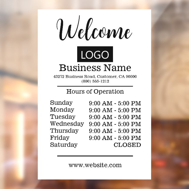 White Logo Hours of Operation Opening Times  Window Cling (Sheet 2)