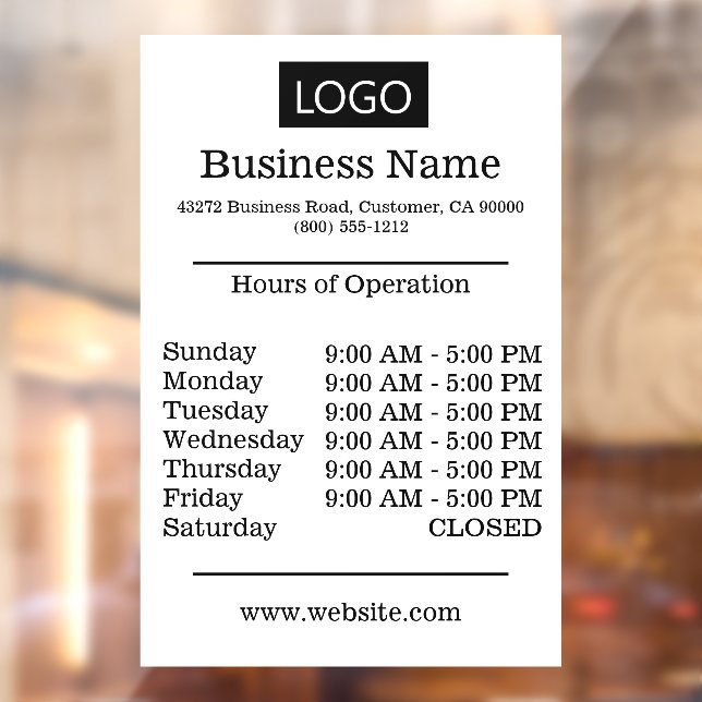White Logo Hours of Operation Opening Times  Window Cling (Sheet 2)