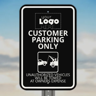 White Logo On Black Customer Parking Only Tow Away Metal Sign