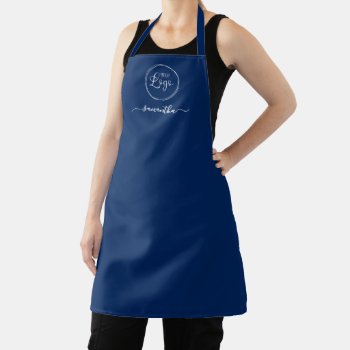 White Logo With Employee Name Navy Blue Apron by annaleeblysse at Zazzle