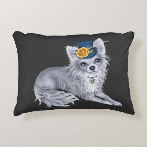 WHITE Long Haired Chihuahua Pillow wearing Hat