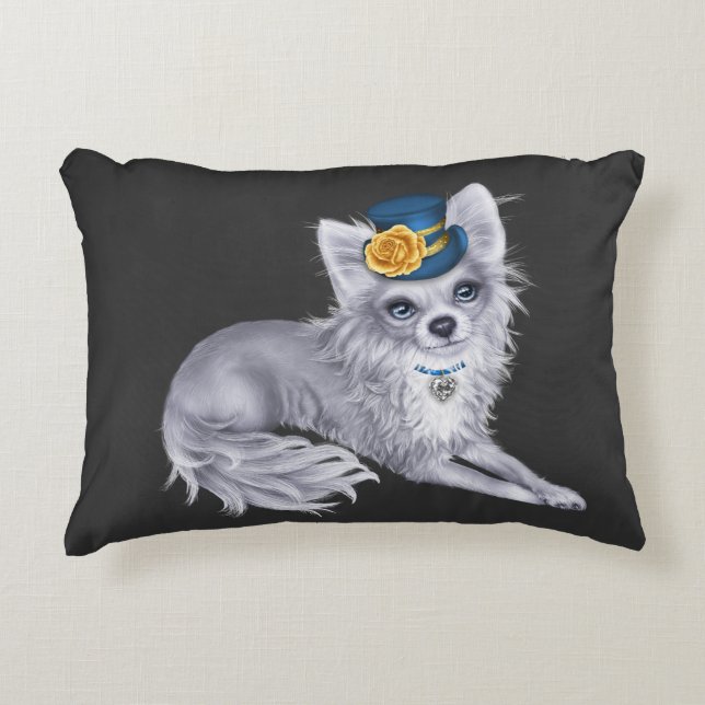 WHITE Long Haired Chihuahua Pillow wearing Hat (Front)