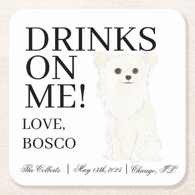 White Long Haired Chihuahua Wedding Square Paper Coaster (Front)