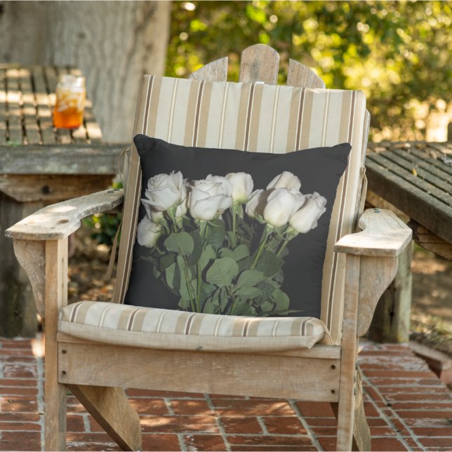 White Long-Stemmed Roses Floral Flowers Photograph Outdoor Pillow (Chair)