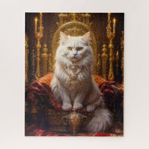 White Longhaired Cat Surrounded by Gold Ornament Jigsaw Puzzle