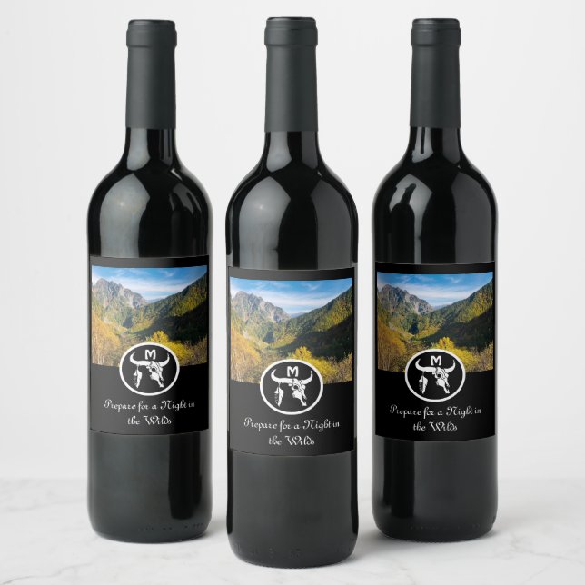 White Longhorn Skull Silhouette Monogram Photo Wine Label (Bottles)
