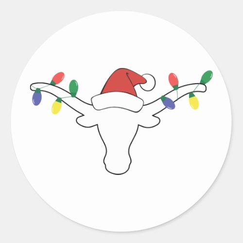 White Longhorn with Christmas Lights and Santa hat Classic Round Sticker