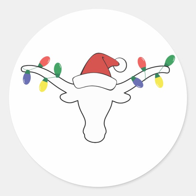 White Longhorn with Christmas Lights and Santa hat Classic Round Sticker (Front)