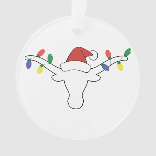 White Longhorn with Christmas Lights and Santa hat Ornament