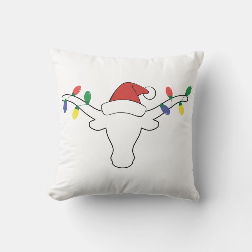 White Longhorn with Christmas Lights and Santa hat Throw Pillow