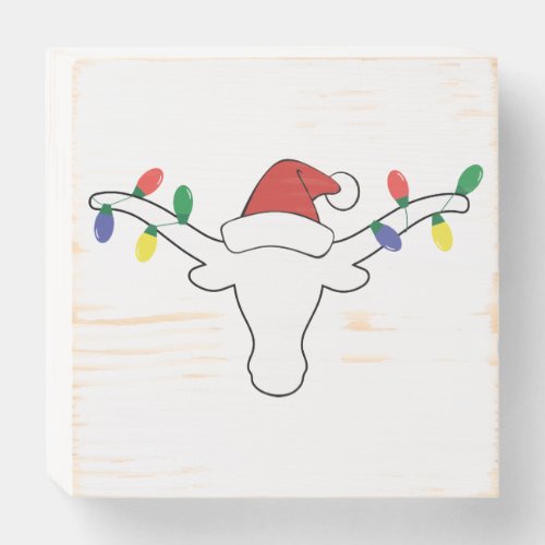 White Longhorn with Christmas Lights and Santa hat Wooden Box Sign