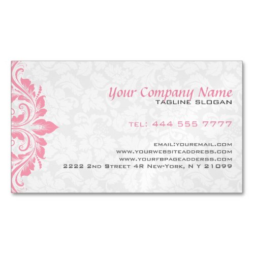 White loral Damask Pink Lace Magnetic Business Card