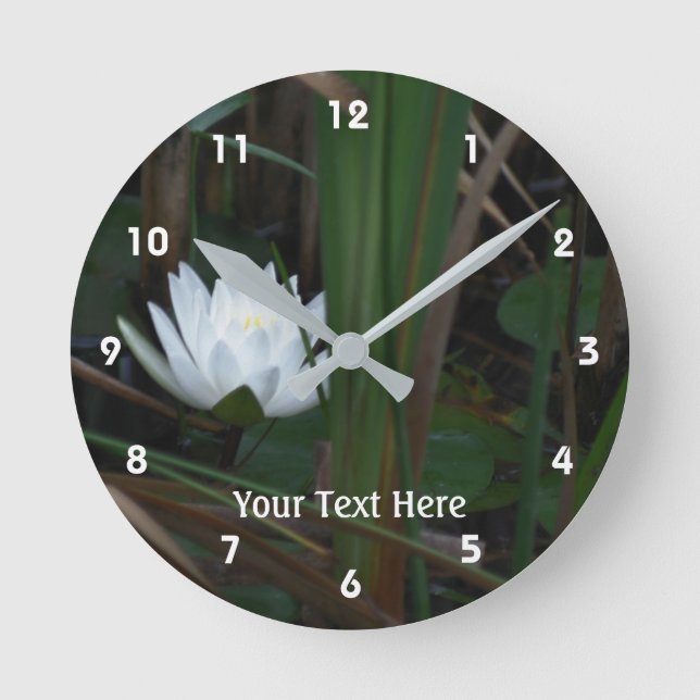 White Lotus Blossom Water Lily Flower Personalized Round Clock (Front)