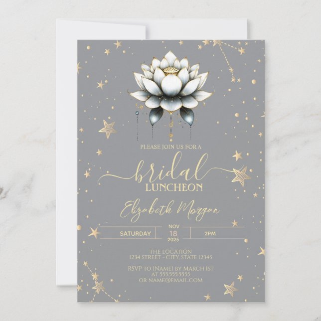 White Lotus Celestial Stars Gray Bridal Shower Invitation (Front)