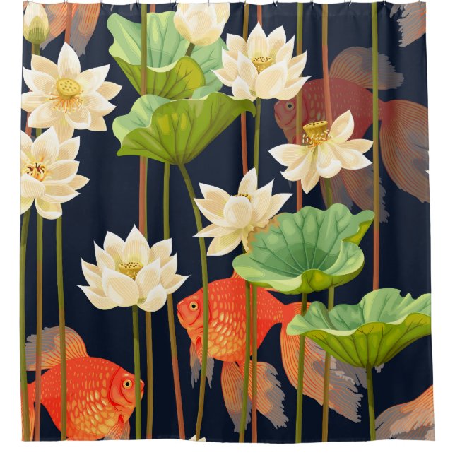 White lotus, fish: seamless pattern. shower curtain (Front)