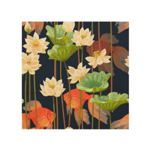 White lotus, fish: seamless pattern. wood wall art