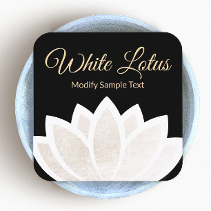 White Lotus Flower Black Square Yoga Business Card