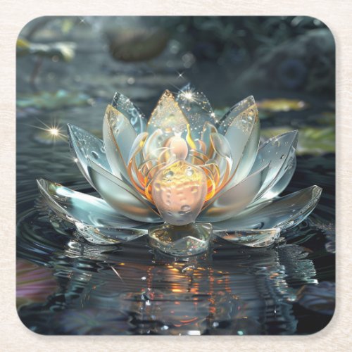 White Lotus Flower Digital Art Square Paper Coaster