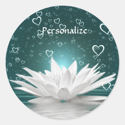 White Lotus Flower  Hearts Personalize Classic Round Sticker