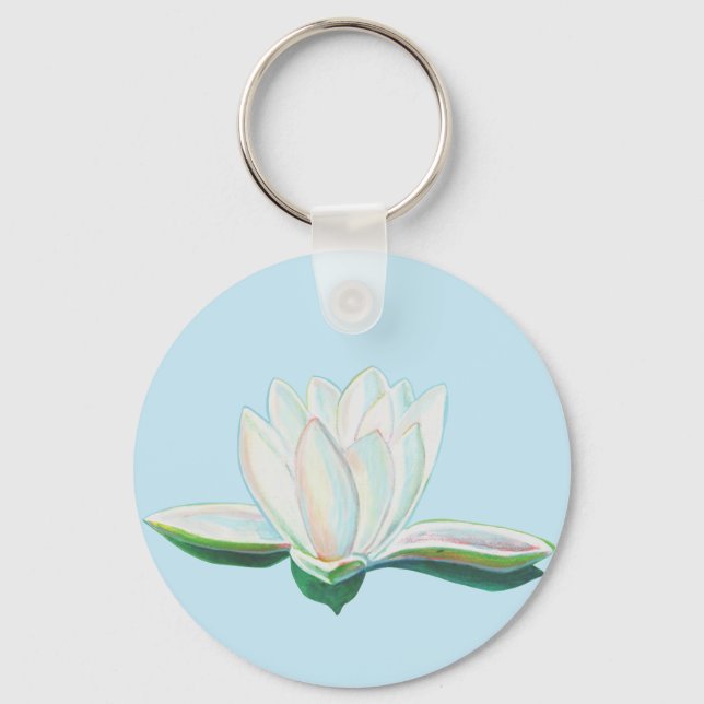 White Lotus Flower Illustration  Button Keychain (Front)