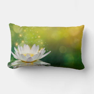 White Lotus Flower Landscape, Zen Lumbar Pillow