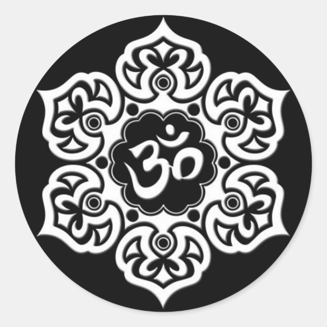 White Lotus Flower Om on Black Classic Round Sticker (Front)