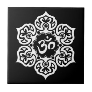 White Lotus Flower Om on Black Tile