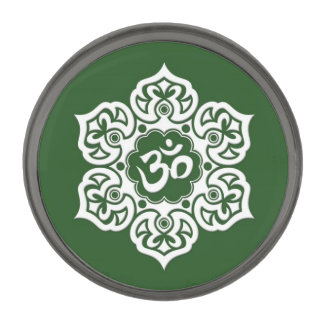 White Lotus Flower Om on Green Gunmetal Finish Lapel Pin