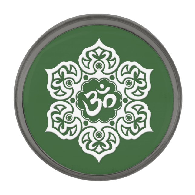 White Lotus Flower Om on Green Gunmetal Finish Lapel Pin (Front)