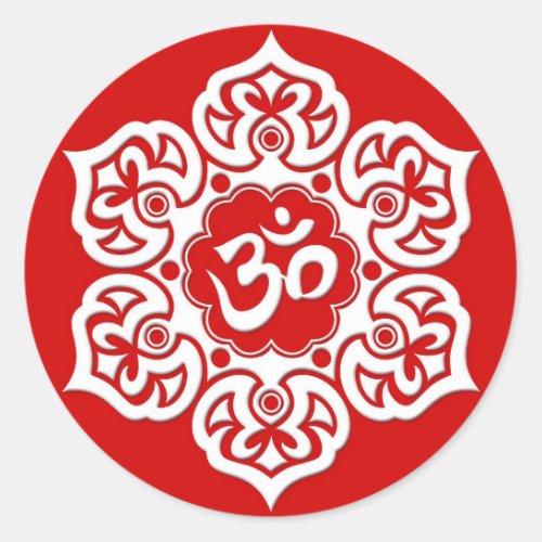 White Lotus Flower Om on Red Classic Round Sticker