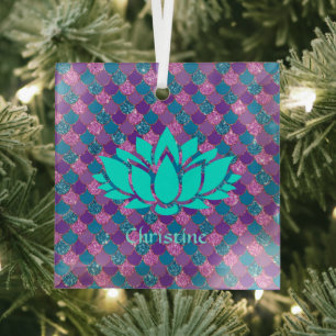 White Lotus Flower on Multicolored Mermaid Scales Glass Ornament