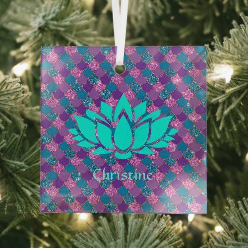 White Lotus Flower on Multicolored Mermaid Scales Glass Ornament