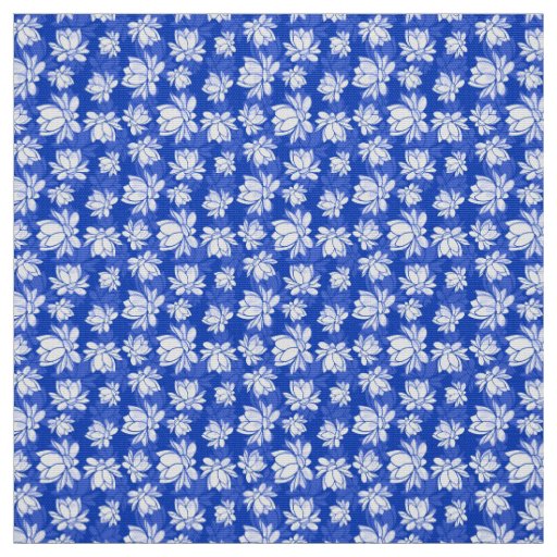 White Lotus Flower Pattern on Blue Background Fabric