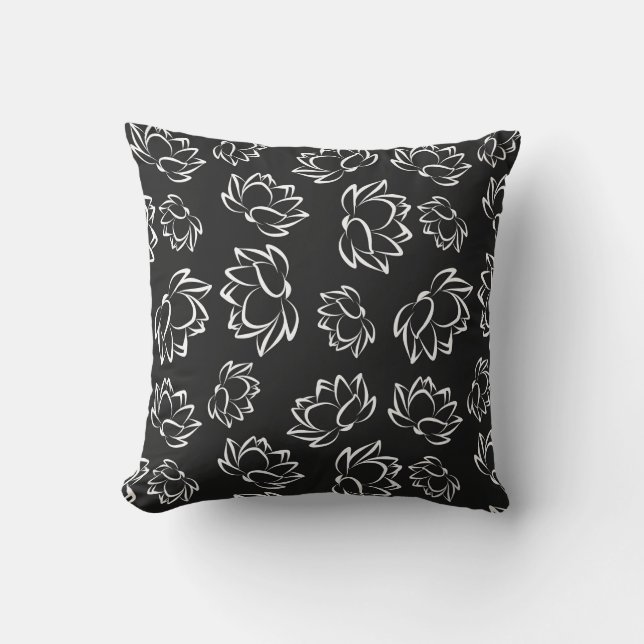 White Lotus Flower Pattern on Gray Background Throw Pillow (Front)