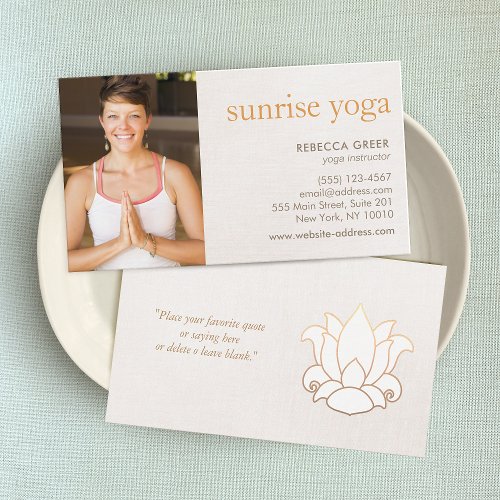 White Lotus Flower Yoga Teacher Photo Beige Business Card