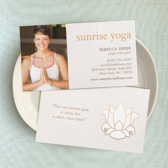 White Lotus Flower Yoga Teacher Photo Beige Business Card (Creator Uploaded)